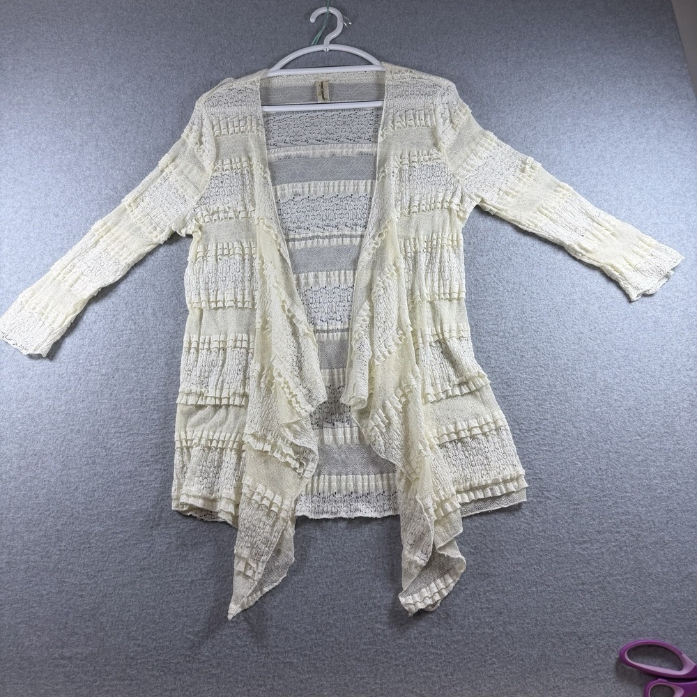 Vtg Decorated Originals Cardigan L Cream Sheer Lace Ruffle Waterfall Fairy Boho